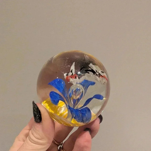 Czech Handcrafted Glass Paperweight with Blue and Yellow Design - Picture 10 of 10